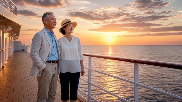 夕焼けのクルーズ船のデッキで海を眺める笑顔のシニア夫婦　アクティブシニア