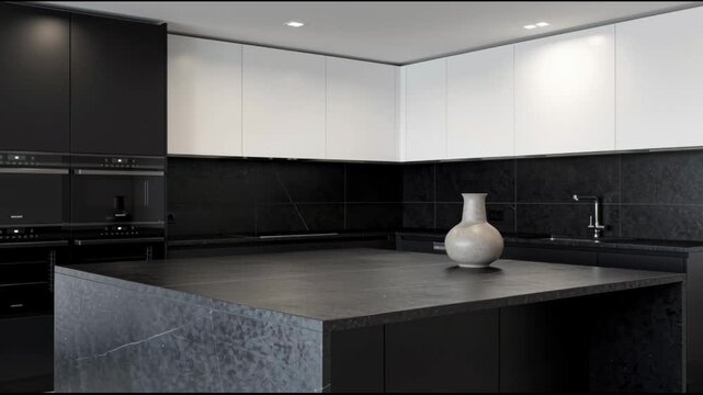 Modern Minimalist Kitchen Interior with Black Marble Island and White Upper Cabinets Featuring Luxury Dark Stone Backsplash and Elegant Ceramic Vase in Sophisticated Moody Lighting