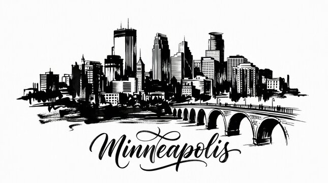 Minneapolis skyline silhouette featuring IDS Center and Stone Arch Bridge, artistic black and white brush illustration, elegant hand-lettered typography below reading "MINNEAPOLIS"