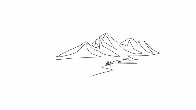 One line vector animation depicting a serene mountain landscape with a winding river, symbolizing tranquility and natural beauty in a minimalist style.