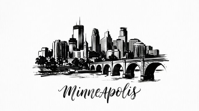 Minneapolis skyline silhouette featuring IDS Center and Stone Arch Bridge, artistic black and white brush illustration, elegant hand-lettered typography below reading "MINNEAPOLIS"