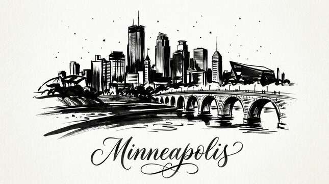 Minneapolis skyline silhouette featuring IDS Center and Stone Arch Bridge, artistic black and white brush illustration, elegant hand-lettered typography below reading "MINNEAPOLIS"