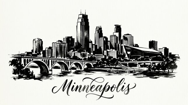 Minneapolis skyline silhouette featuring IDS Center and Stone Arch Bridge, artistic black and white brush illustration, elegant hand-lettered typography below reading "MINNEAPOLIS"