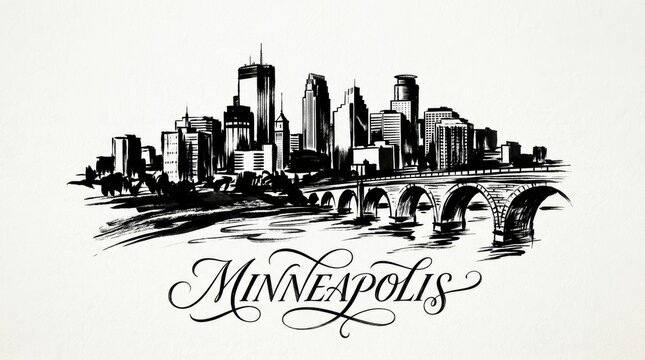 Minneapolis skyline silhouette featuring IDS Center and Stone Arch Bridge, artistic black and white brush illustration, elegant hand-lettered typography below reading "MINNEAPOLIS"