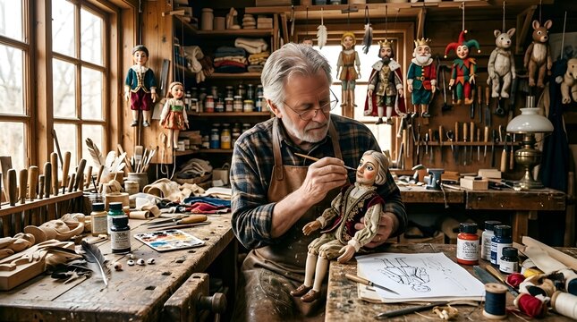 Artisan painting a marionette in workshop, craft concept