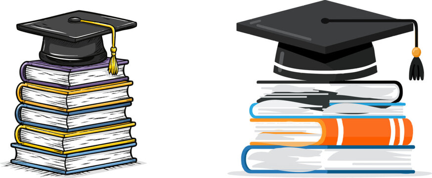 A stack of books topped with a mortarboard cap symbolizes the culmination of academic achievement and knowledge acquisition
