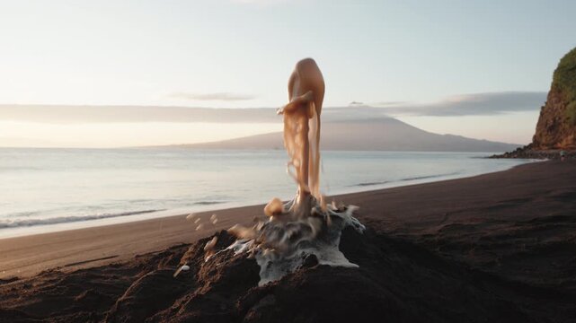 Handmade Science Experiment Simulating a Volcanic Eruption with Soda and Mint Candy on a Black Sand Beach, Pico Island in Background, Azores