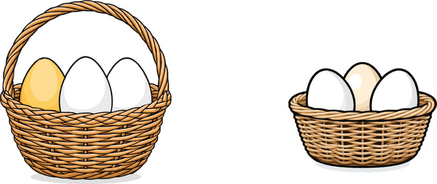 A minimalist Easter basket with three eggs in pastel colors stands out against a white background