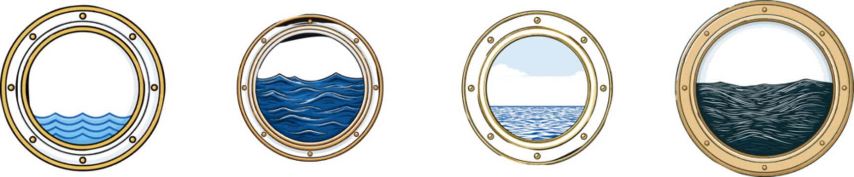 A minimalist porthole window design in flat 2D vector art showcases a double circle frame with six small dots around the edge, rendered in gold, sky blue, and white colors, isolated on a white