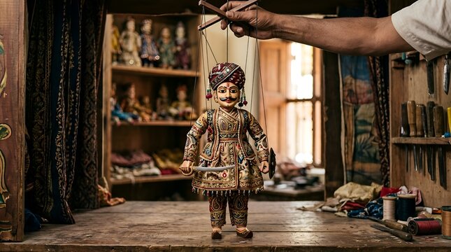 Artisan puppeteer with traditional puppet. Folk culture and craftsmanship