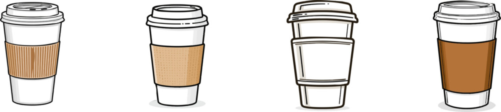 A minimalist, flat 2D vector art depiction of a takeaway coffee cup with a lid and sleeve in warm brown, beige, and white colors, isolated on a white background
