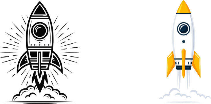 A sleek rocket in a minimalist design, soaring upwards with a small cloud of smoke, set against a stark white background