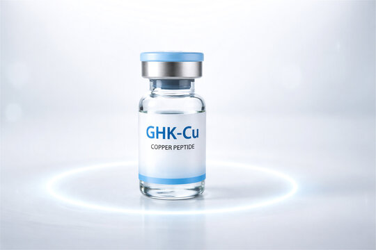 glass vial with copper peptide solution. Medical serum bottle for skin care and anti aging treatment. Cosmetic biotechnology and research pharmaceutical product on white background