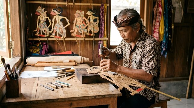 Balinese Puppet Master Crafting Traditional Shadow Puppets