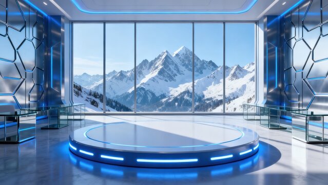 Futuristic room with mountain view
