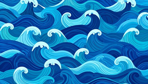 Seamless wave pattern with spiral ocean swirls in blue and teal