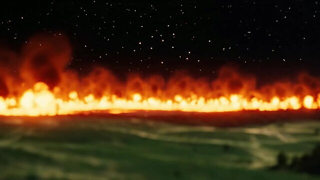 Flames engulf the landscape under a starry night sky with fire burning across the horizon and smoke rising.