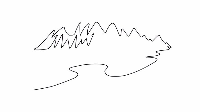One line vector animation depicting a serene mountain landscape with a winding river, symbolizing tranquility and natural beauty in a minimalist style.
