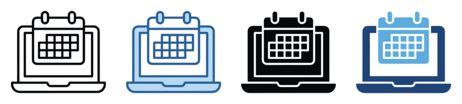 Online calendar displayed on laptop screen icon set for digital scheduling and event planning