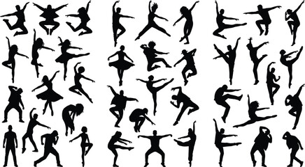 Dancer silhouette collection with jumping ballet and contemporary dance poses isolated on light background for performance design © Md