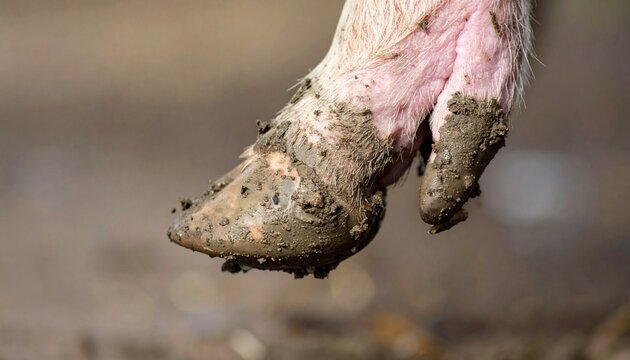Muddy pig trotter with cloven hoof in natural outdoor setting