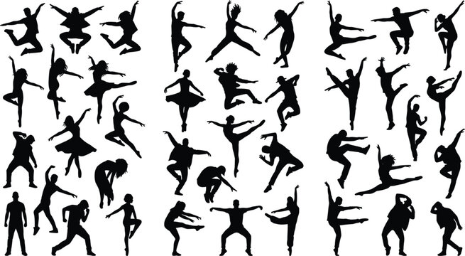 Dancer silhouette collection with jumping ballet and contemporary dance poses isolated on light background for performance design