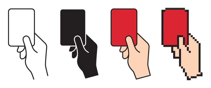 Vector icons set of a referee hand holding a penalty card. Includes outline with editable stroke, solid silhouette, flat color and pixel art styles for soccer and football theme on white.