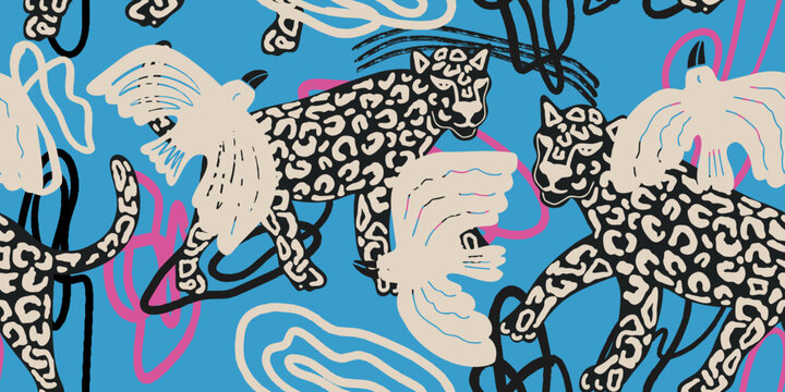 Leopard and Bird Seamless Pattern