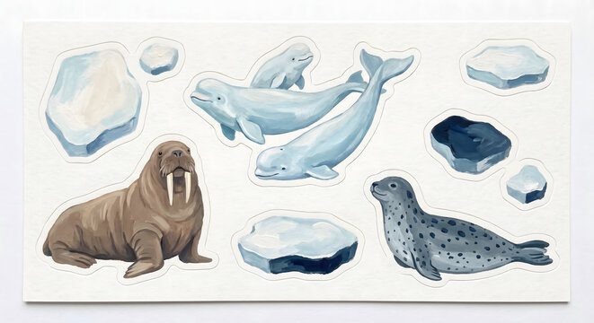 Arctic animal sticker sheet in gouache style. Features walrus, beluga whales, spotted seal, and icebergs. Hand-painted polar wildlife illustration on textured paper background.