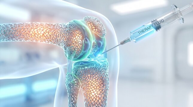 A medical illustration of a knee joint receiving an injection of therapeutic fluid