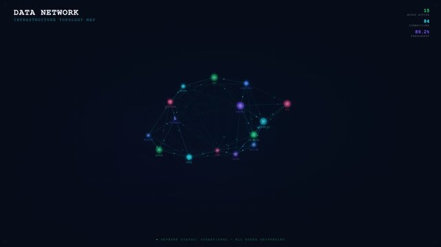 Dynamic motion graphic of a digital data network with glowing nodes linked by lines on a dark background. Vibrant colors, abstract connectivity, and a high-tech, modern aesthetic. (198 characters)
