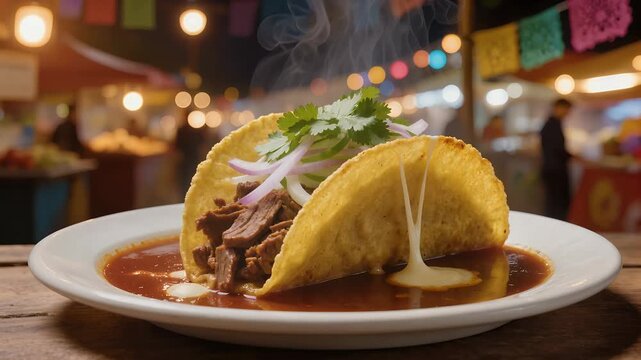 Two steaming birria tacos with onions and cilantro in a rich red broth, served on a white plate at a vibrant outdoor night market.