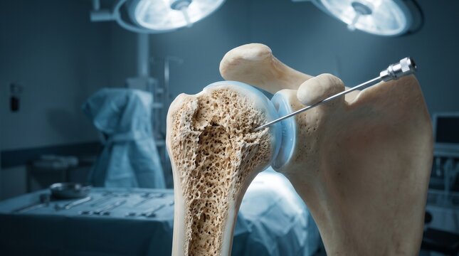 A surgical operation model showcasing hip replacement procedure with medical tools