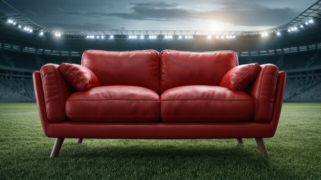 Modern red scandinavian designer leather sofa placed on a green grass field inside a brightly lit sports stadium.