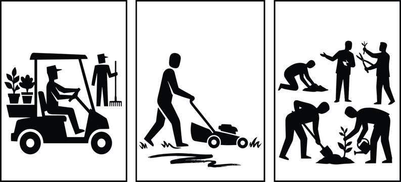 Gardening and landscaping silhouette collection featuring lawn mowing planting and maintenance workers isolated on gray background for outdoor design