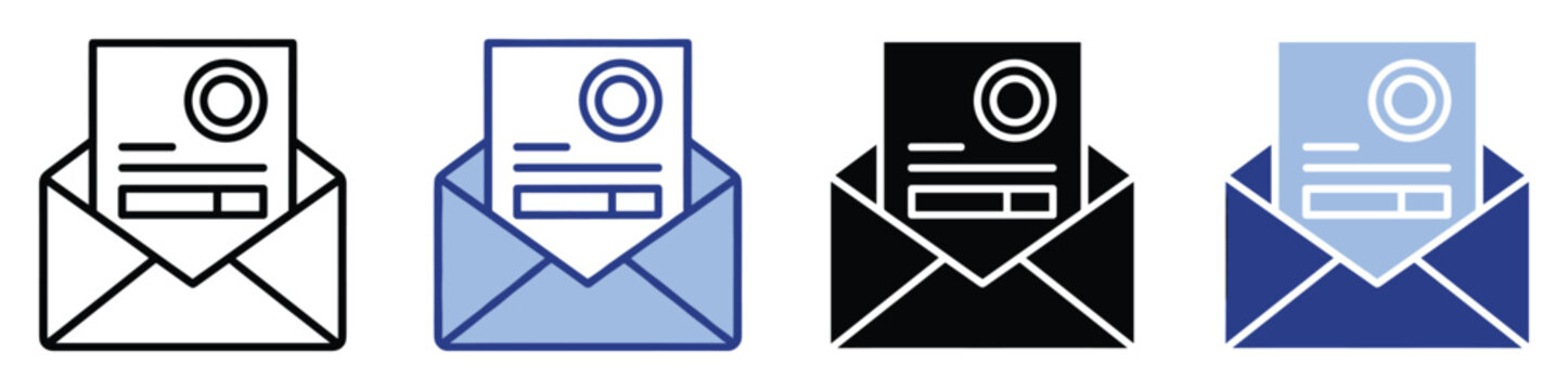 Digital mail icons with open envelope and letter for communication apps.