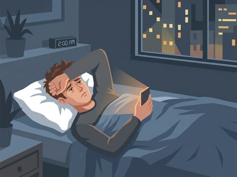 Young Man Awake at 2AM Using Smartphone in Bed Insomnia and Digital Anxiety Flat Vector Illustration