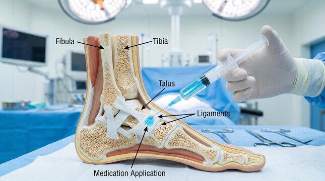 A medical professional demonstrating medication application to an anatomical foot model in a clinical setting.