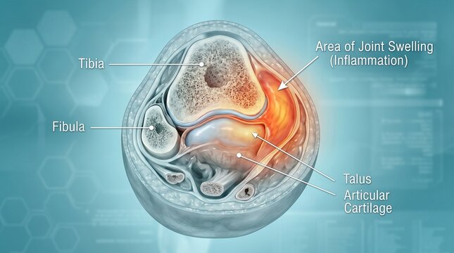 A detailed medical illustration showing joint swelling and inflammation in the ankle region.