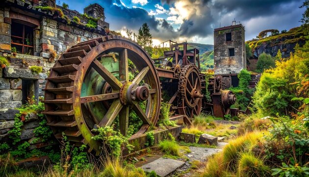 Rusting waterwheel and industrial machinery in abandoned quarry at dusk