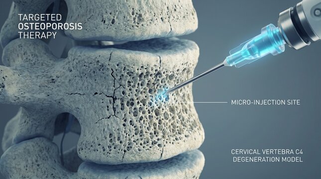 A close-up view of a micro-injection being administered to a cervical vertebra model