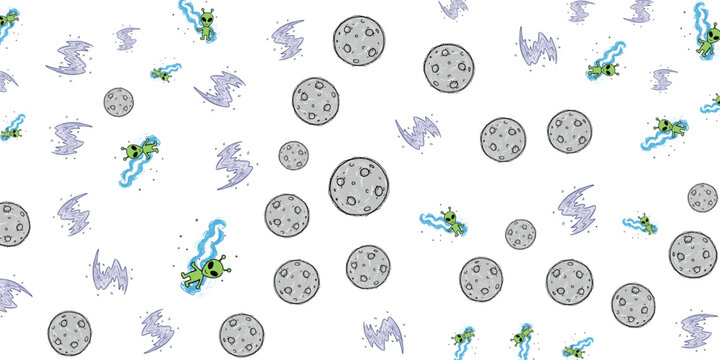 Whimsical cosmic pattern with playful moons and shooting stars against a white background