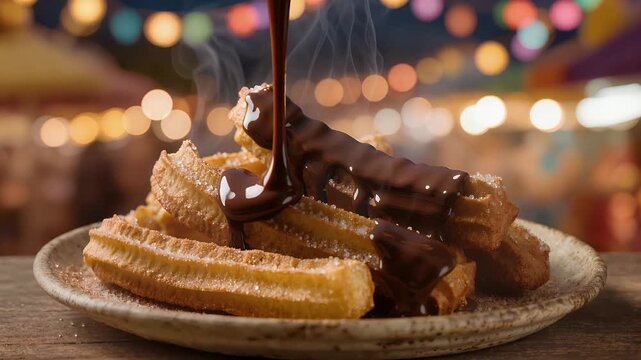 Pouring Melted Chocolate Over Crispy Golden Churros Representing Delicious Street Food and Sweet Indulgence