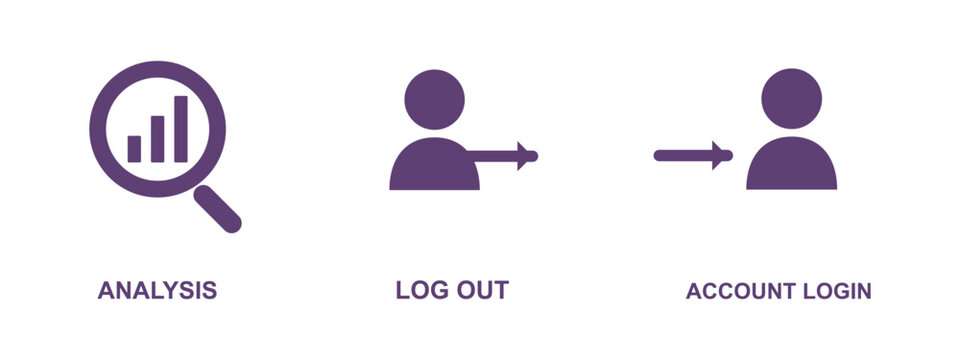 Analysis login logout account security icons set. Digital business user interface elements.