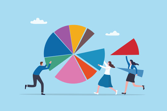 Market segment graph and chart diagram, analysis pie chart, growth statistic or marketing result presentation, optimization diagram, business people building percentage pie chart visual insight.