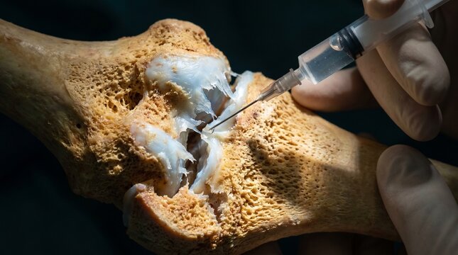 A medical procedure showing a close-up of a knee injection for treatment