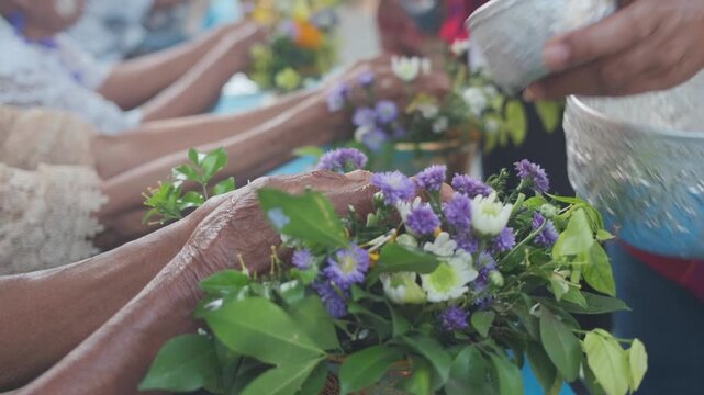 Thai New Year, Rot Nam Dam Hua of elders traditional During 13-14 April every year with Songkran new normal in Thailand.