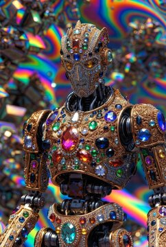 Robot umanoide avanzato in oro e gemme: concetto di Intelligenza Artificiale d'&eacute;lite e tecnologia del futuro