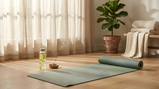 Serene home wellness space ready for a mindful yoga session, featuring an unrolled mat, natural light, hydrating water, and calming incense