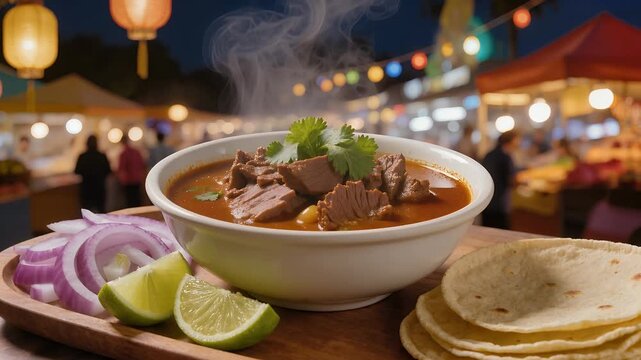 Steaming bowl of savory meat stew with cilantro, served with red onions, lime, and tortillas at a vibrant night market.
